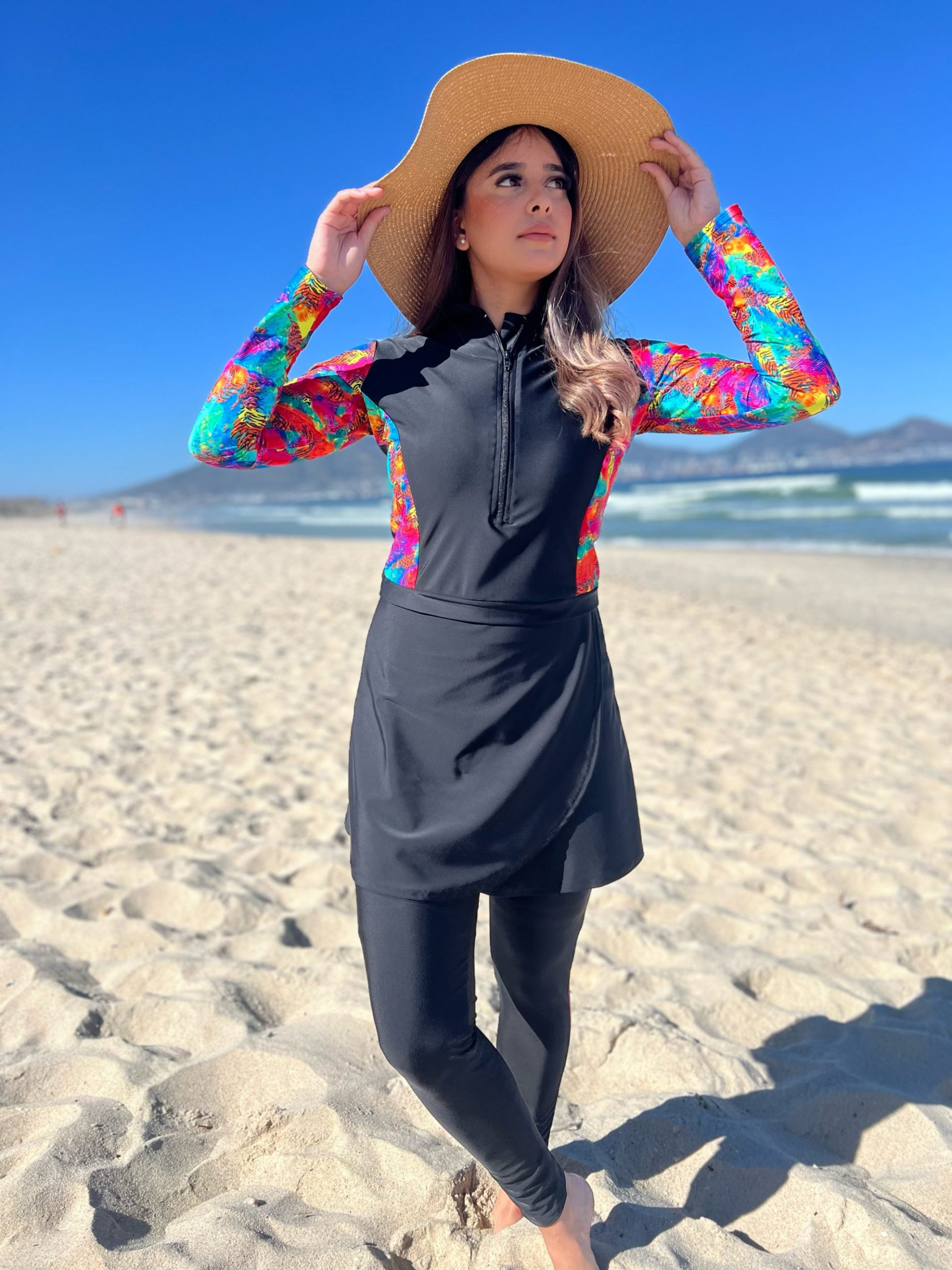 Covered Cute 2 Piece Swimset (Black & Multicolor Print)